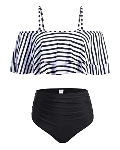 Fashionable High Waisted Ruffle Bikini Set For Beach-Black And White Stripe 2 Fashionable High Waisted Ruffle Bikini Set For Beach-Black And White Stripe - Image 2