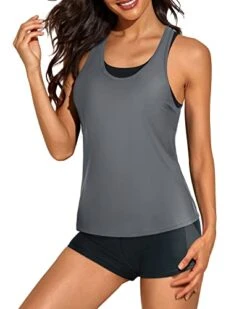 Modest 3 Piece Tankini Bathing Suit Boy Shorts For Women-Gray And Black -Bikini Beach Shop 41zOaP KRLL