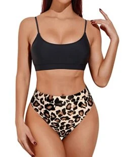 Adjustable Spaghetti Strap Two Piece High Waisted Bikini-Black And Leopard
