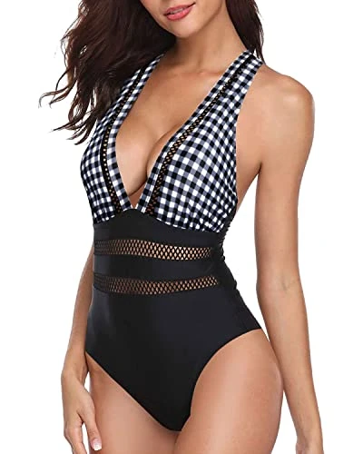 Chic Hollow Out Long Torso One Piece Bathing Suit-Black And White Checkered 3 Chic Hollow Out Long Torso One Piece Bathing Suit-Black And White Checkered - Image 3
