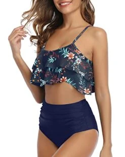 Flirty And Chic Ruffle High Waisted Bikini Set-Blue Colorul Flowers -Bikini Beach Shop 41zszPop99L
