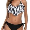 Push Up Padded Up Bra Ruffled Bikini For Women-Black Palm Tree