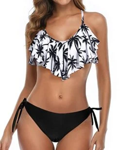 Push Up Padded Up Bra Ruffled Bikini For Women-Black Palm Tree