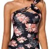 Padded Push Up Bra Swim Top Asymmetric Cut Tankini Top-Black Orange Floral