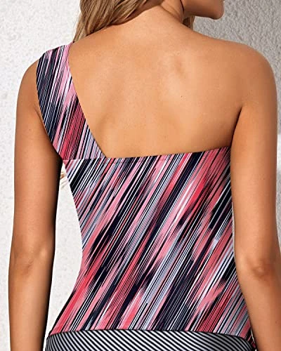 Flattering One Shoulder Swim Top Padded Bra Tankini Top-Pink Stripe 2 Flattering One Shoulder Swim Top Padded Bra Tankini Top-Pink Stripe - Image 2