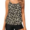 Ruched Scoop Neck Design Modest Tankini Swimsuits-Black And Leopard