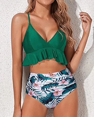 Ruffle Flounce High Waisted Two Piece Swimsuits-Green Tropical Floral 4 Ruffle Flounce High Waisted Two Piece Swimsuits-Green Tropical Floral - Image 4