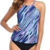Fashionable High Neck Ruched Tankini Swimsuit For Women-Blue And Black Stripe