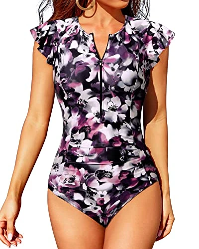 One Piece Zip Front Short Sleeve Rash Guard For Women-Purple Floral 1 One Piece Zip Front Short Sleeve Rash Guard For Women-Purple Floral