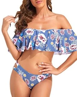 Trendy Off The Shoulder Ruffle Top Bikini Set Cheeky Bottoms-Grey Floral