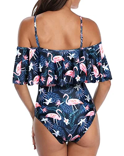 Eye-Catching Off Shoulder Ruffle One Piece Bathing Suit-Blue Flamingo 2 Eye-Catching Off Shoulder Ruffle One Piece Bathing Suit-Blue Flamingo - Image 2