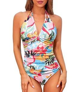 Women One Piece Swimsuits Tummy Control Halter Ruched Swimwear