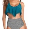 Flattering High Waisted Swimsuit Women's Ruffle Flounce Bikini With Pom Pom Trim