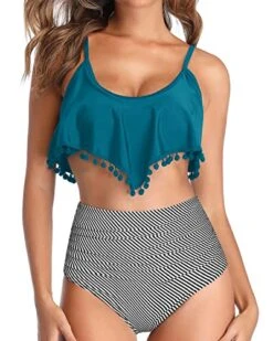 Flattering High Waisted Swimsuit Women's Ruffle Flounce Bikini With Pom Pom Trim
