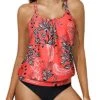2 Piece Soft Padded Push Up Scoop Neck Tankini Set-Red Floral