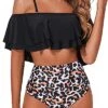 Hollow Out Off Shoulder Two Piece Bathing Suit-Black And Leopard
