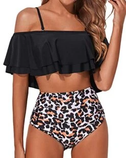 New Release 1 Hollow Out Off Shoulder Two Piece Bathing Suit-Black And Leopard