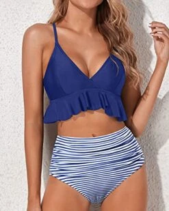Adjustable Criss Cross Ruffle High Waisted Bikini Ruched-Blue White Striped 7 Adjustable Criss Cross Ruffle High Waisted Bikini Ruched-Blue White Striped -Bikini Beach Shop 512Q HsokML a2341924 3821 42d8 9282 ff03cb553e5f