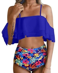 Ruffle Off Shoulder Two Piece Bikini For Women-Royal Blue Floral