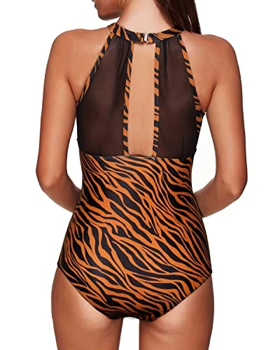 Flattering High-Neck Mesh Plunge One-Piece For Women's Swimwear-Brown Zebra Pattern 2 Flattering High-Neck Mesh Plunge One-Piece For Women's Swimwear-Brown Zebra Pattern - Image 2