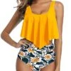 Removable Padded Women Ruffled Flounce Bikini Swimsuit-Yellow Floral