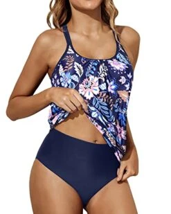 Adjustable Shoulder Straps Tankini Swimsuits-Blue Floral -Bikini Beach Shop 512zfjC40NL