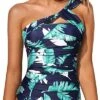 Stylish One Shoulder Bathing Suit Top Padded Bra Tankini Top-Blue Leaf