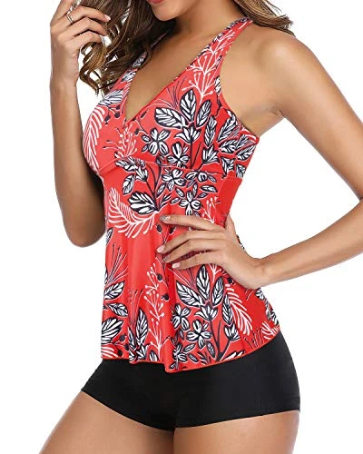 Sporty Bathing Suit Tummy Slimming Shirred Swim Tops And Boyshort-Red Floral 3 Sporty Bathing Suit Tummy Slimming Shirred Swim Tops And Boyshort-Red Floral - Image 3
