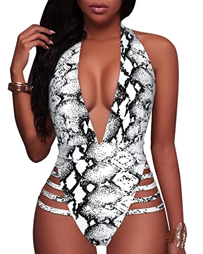 Show Off Your Curves Plunge Deep V Neck One Piece Swimsuits-Black And White Snake Print 1 Show Off Your Curves Plunge Deep V Neck One Piece Swimsuits-Black And White Snake Print