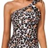 One Shoulder Ruched Bathing Suit Top Tummy Control Swim Tops-Leopard