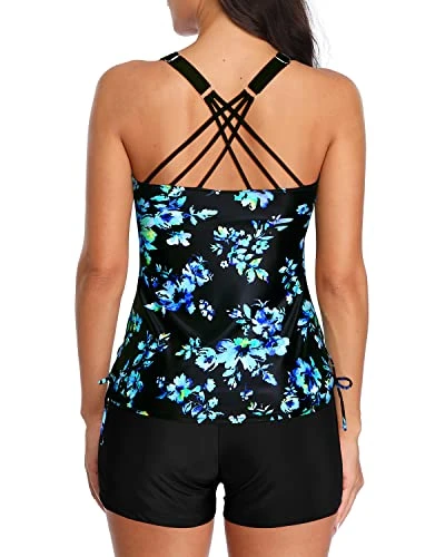 Athletic Style Criss Cross Strappy Back Tankini For Women-Black Blue Floral 2 Athletic Style Criss Cross Strappy Back Tankini For Women-Black Blue Floral - Image 2