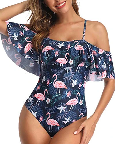 Off Shoulder Ruffled Retro One Piece Swimsuit For Women-Blue Flamingo 2 Off Shoulder Ruffled Retro One Piece Swimsuit For Women-Blue Flamingo - Image 2