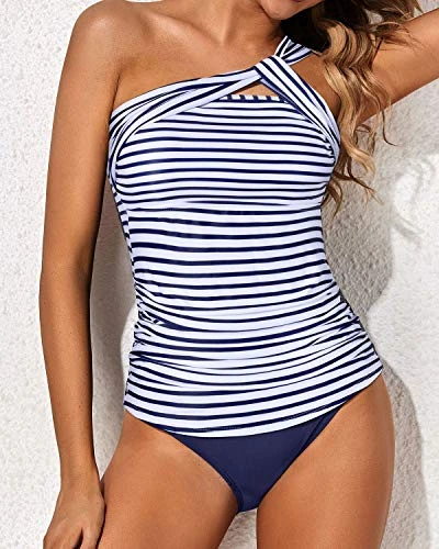 Stylish One Shoulder Swim Top 2 Piece Tankini Bathing Suits For Women Shorts-Blue White Stripe 4 Stylish One Shoulder Swim Top 2 Piece Tankini Bathing Suits For Women Shorts-Blue White Stripe - Image 4