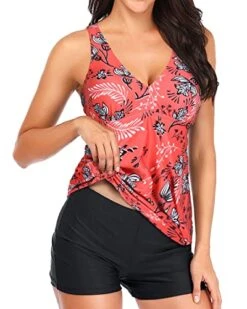 Trendy Swim Tops Shorts Boyshort For Women's Tankini Swimsuits-Red Floral -Bikini Beach Shop 5151l7T34kL