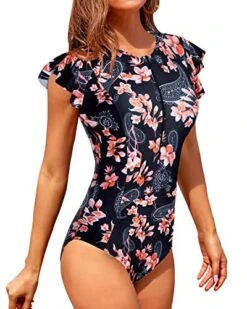 Women's Tummy Control One Piece Short Sleeve Rash Guard Swimsuit-Black Pink Flowers -Bikini Beach Shop 5160t9T 8qL