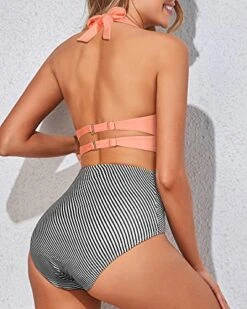Tummy Control Two Piece High Waisted Bikini Set-Coral Pink Stripe -Bikini Beach Shop 516 nJoTlmL 37303fb0 833d 402c b60f 175e44bdaa3c