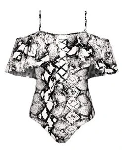 Sexy Off-Shoulder One Piece Lace Up Ruffled Bathing Suit-Black And White Snake Print -Bikini Beach Shop 517BfIh6VuL