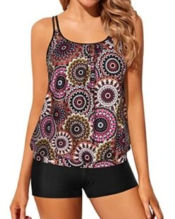 Women Ruched Scoop Neck Design Blouson Tankini Swimsuits-Brown Print