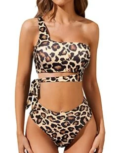 Chic Two Piece One Shoulder Tie Waisted Bikini Set High Cut Bottoms-Leopard -Bikini Beach Shop 518Zz9Jp HL