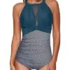 Charming Push-Up One Piece Swimsuit Neck Hook For Women-Teal Stripe