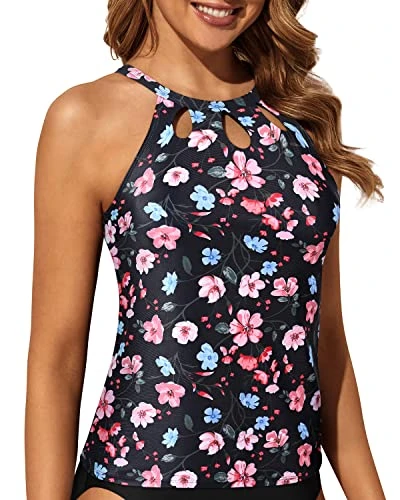 High Neck Tankini Top Halter Keyhole Backless Swim Tank Top-Black Floral 3 High Neck Tankini Top Halter Keyhole Backless Swim Tank Top-Black Floral - Image 3