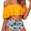 Flattering Off Shoulder Two Piece Bathing Suit-Yellow Floral