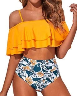 New Release 11 Flattering Off Shoulder Two Piece Bathing Suit-Yellow Floral