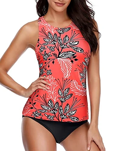 Cute Halter Two Piece Tankini Swimsuits High Neck And Shorts-Red Floral 4 Cute Halter Two Piece Tankini Swimsuits High Neck And Shorts-Red Floral - Image 4