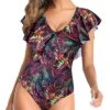 V Back Ruffle Shoulders One Piece Swimsuit-Purple Leaf