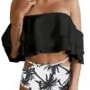 Tummy Control Bikini Set For Women Ruffle Off Shoulder Top-Black Palm Tree
