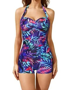 Ruched Full Coverage Swimsuits Retro One Piece Bathing Suit-Blue Leaves