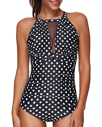 Ruched Monokini See-Through Mesh Women One Piece Swimsuit-Black Dot 1 Ruched Monokini See-Through Mesh Women One Piece Swimsuit-Black Dot
