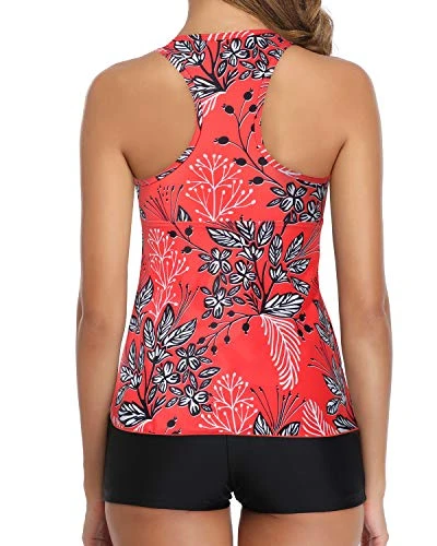 Sporty Bathing Suit Tummy Slimming Shirred Swim Tops And Boyshort-Red Floral 2 Sporty Bathing Suit Tummy Slimming Shirred Swim Tops And Boyshort-Red Floral - Image 2