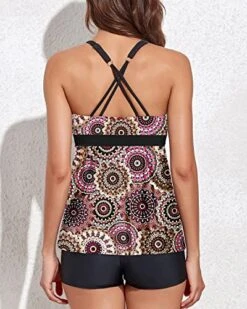 Tummy Control Tankini Swimsuits Flowy Shorts For Women-Brown Print -Bikini Beach Shop 51BoMaocGoL